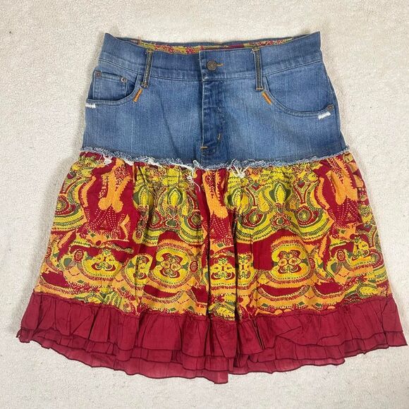 Mix Nouveau Dresses & Skirts - Mix Nouveau Y2K Denim and Fabric Tiered Multi-Media Skirt